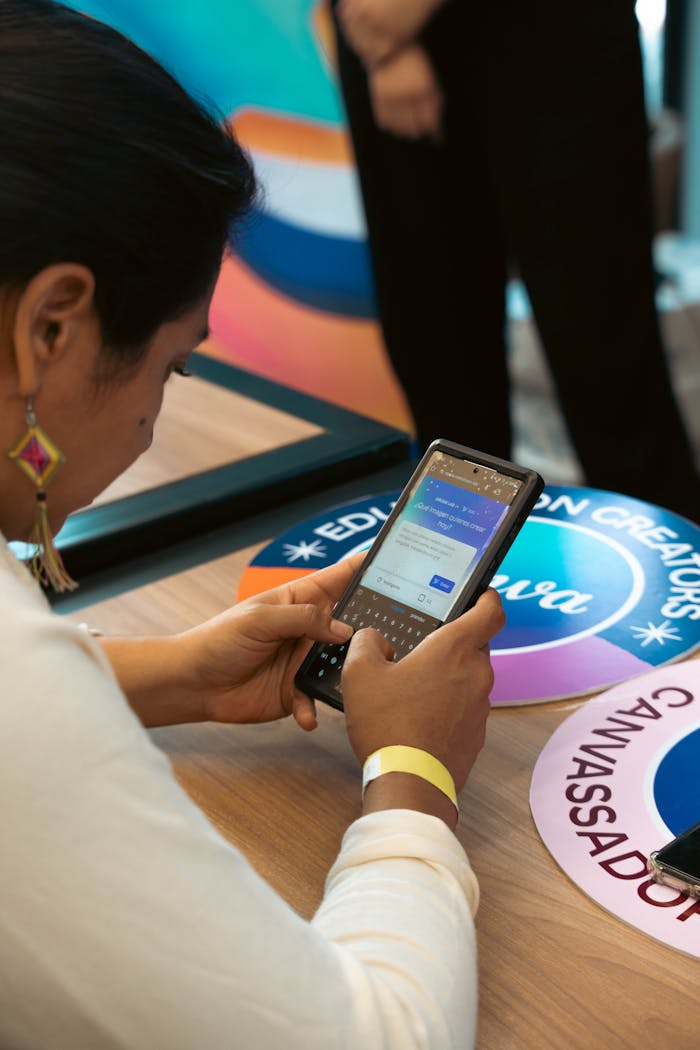 A person uses a smartphone, surrounded by vibrant promotional buttons at an event.